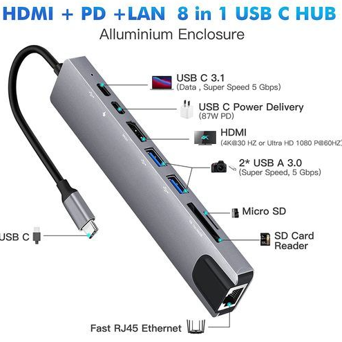 2-in-1 SPEED-X 8-in-1 Type-C Multiport Hub 4-in-1 | USB 3.0 x4, 4K HDMI, 5-in1 VGA, LAN, Audio, SD Card, Type-C PD | Aluminum Adapter for Laptop 6-in-1, MacBook Air/Pro M1 M2, iPad, Tablet, Mobile7-in-1 | Netflix & YouTube Supported